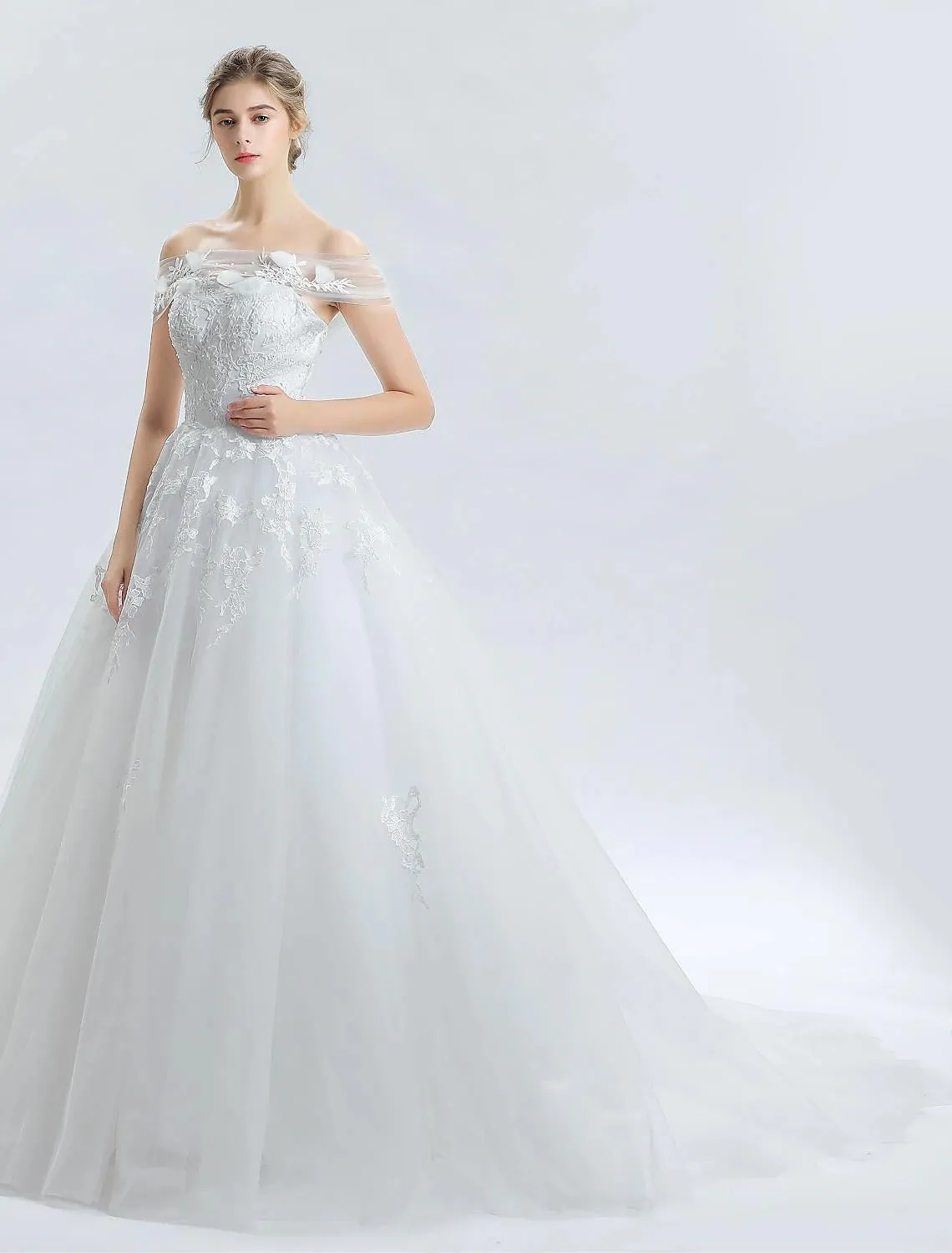 Luolandi Hall Wedding Dresses Ball Gown Off Shoulder Sleeveless Cathedral Train Satin Bridal Gowns