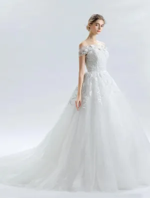 Luolandi Hall Wedding Dresses Ball Gown Off Shoulder Sleeveless Cathedral Train Satin Bridal Gowns