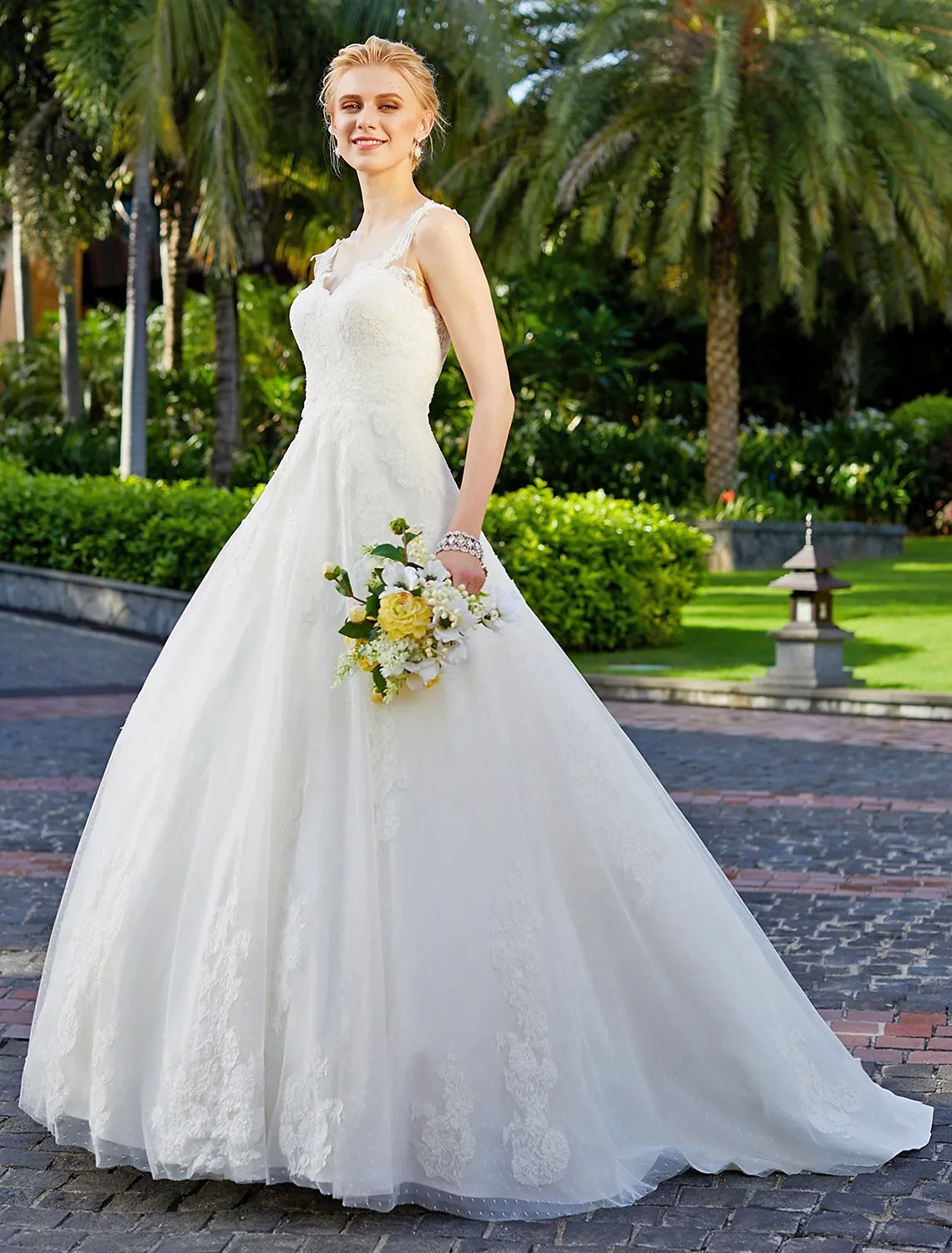 Luolandi Wedding Dresses Ball Gown V Neck Regular Straps Floor Length Tulle Over Lace Bridal Gowns