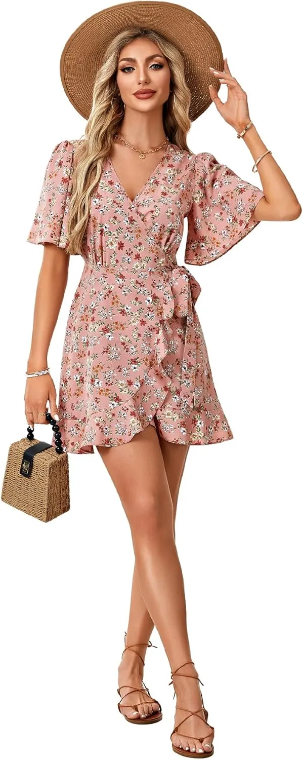 LYANER Women's Floral Wrap V Neck Ruffle Hem Flounce Sleeve Waist Tie Knot Boho Mini Dress