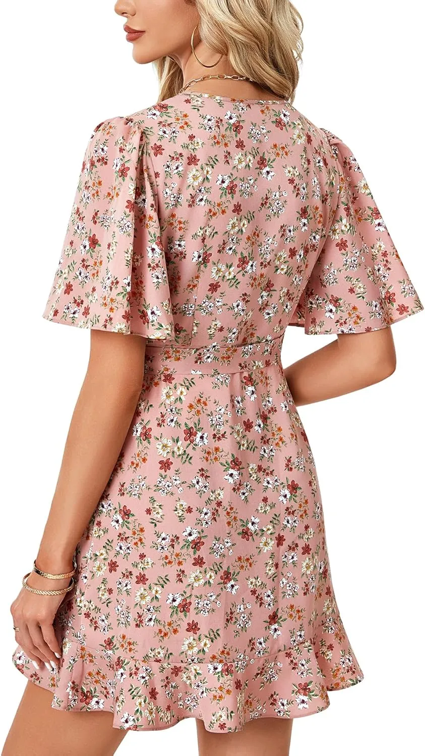 LYANER Women's Floral Wrap V Neck Ruffle Hem Flounce Sleeve Waist Tie Knot Boho Mini Dress