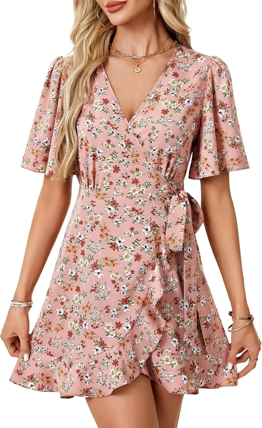 LYANER Women's Floral Wrap V Neck Ruffle Hem Flounce Sleeve Waist Tie Knot Boho Mini Dress