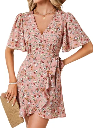 LYANER Women's Floral Wrap V Neck Ruffle Hem Flounce Sleeve Waist Tie Knot Boho Mini Dress