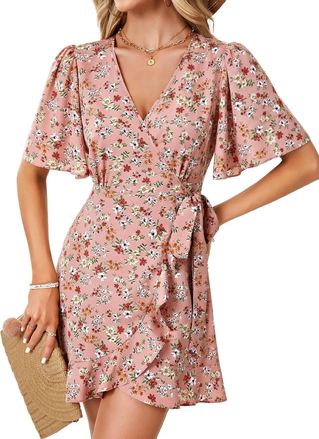 LYANER Women's Floral Wrap V Neck Ruffle Hem Flounce Sleeve Waist Tie Knot Boho Mini Dress