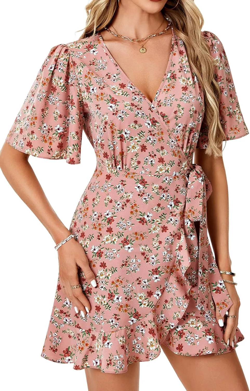 LYANER Women's Floral Wrap V Neck Ruffle Hem Flounce Sleeve Waist Tie Knot Boho Mini Dress