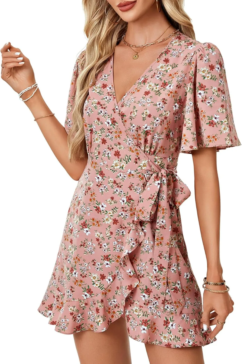 LYANER Women's Floral Wrap V Neck Ruffle Hem Flounce Sleeve Waist Tie Knot Boho Mini Dress
