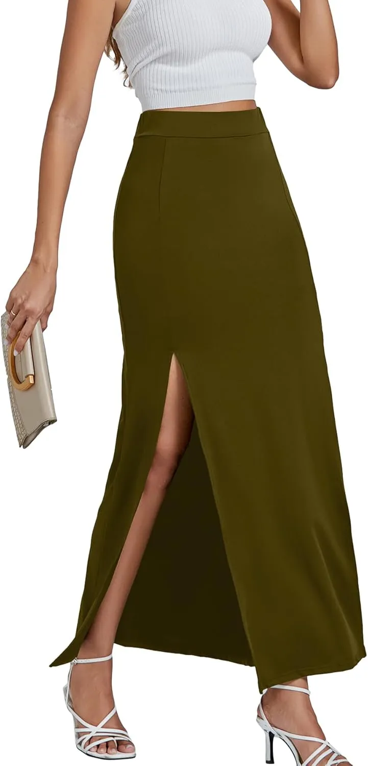 LYANER Women's High Waist Slit Split Solid Bodycon Long Maxi Skirt
