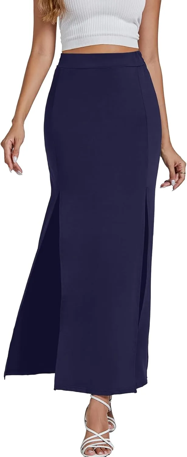 LYANER Women's High Waist Slit Split Solid Bodycon Long Maxi Skirt