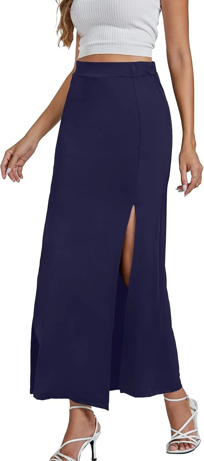 LYANER Women's High Waist Slit Split Solid Bodycon Long Maxi Skirt