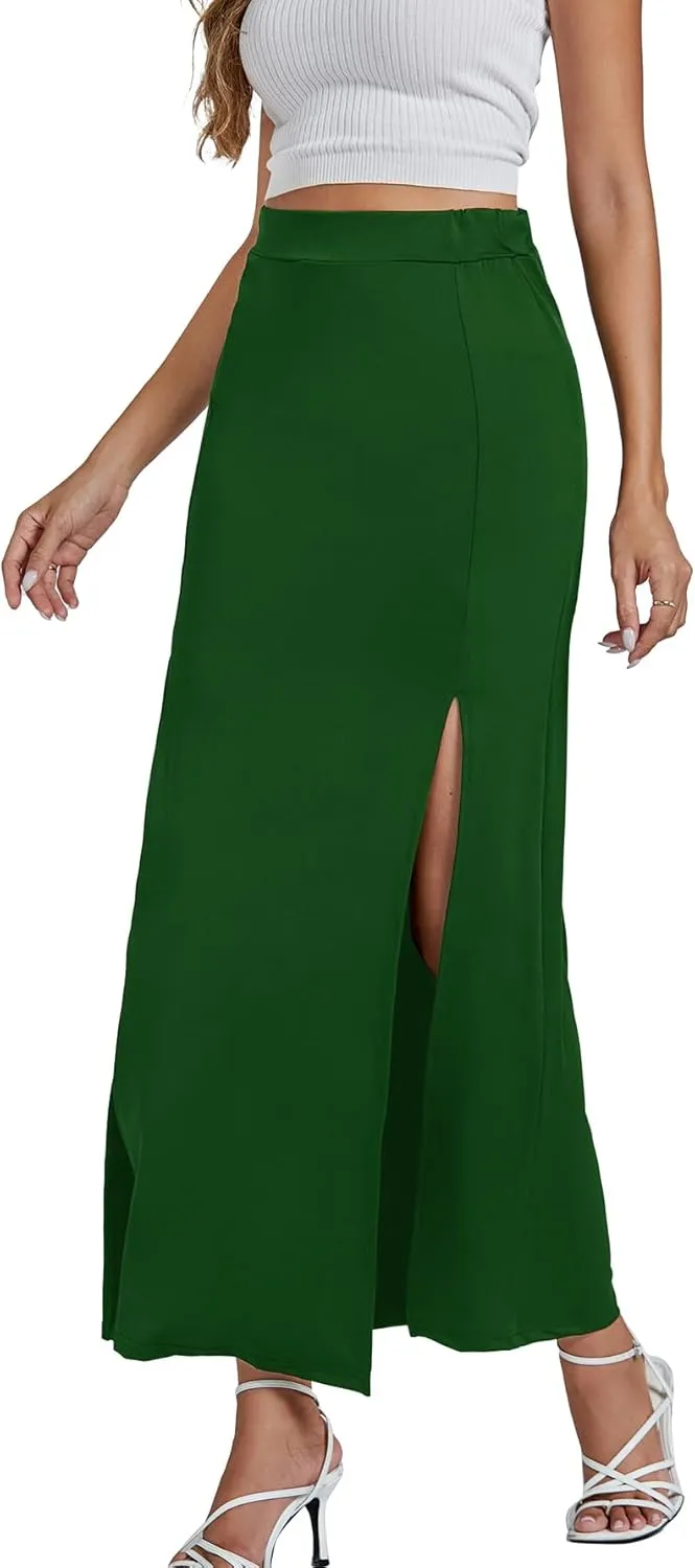 LYANER Women's High Waist Slit Split Solid Bodycon Long Maxi Skirt