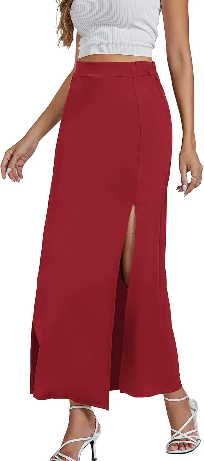 LYANER Women's High Waist Slit Split Solid Bodycon Long Maxi Skirt