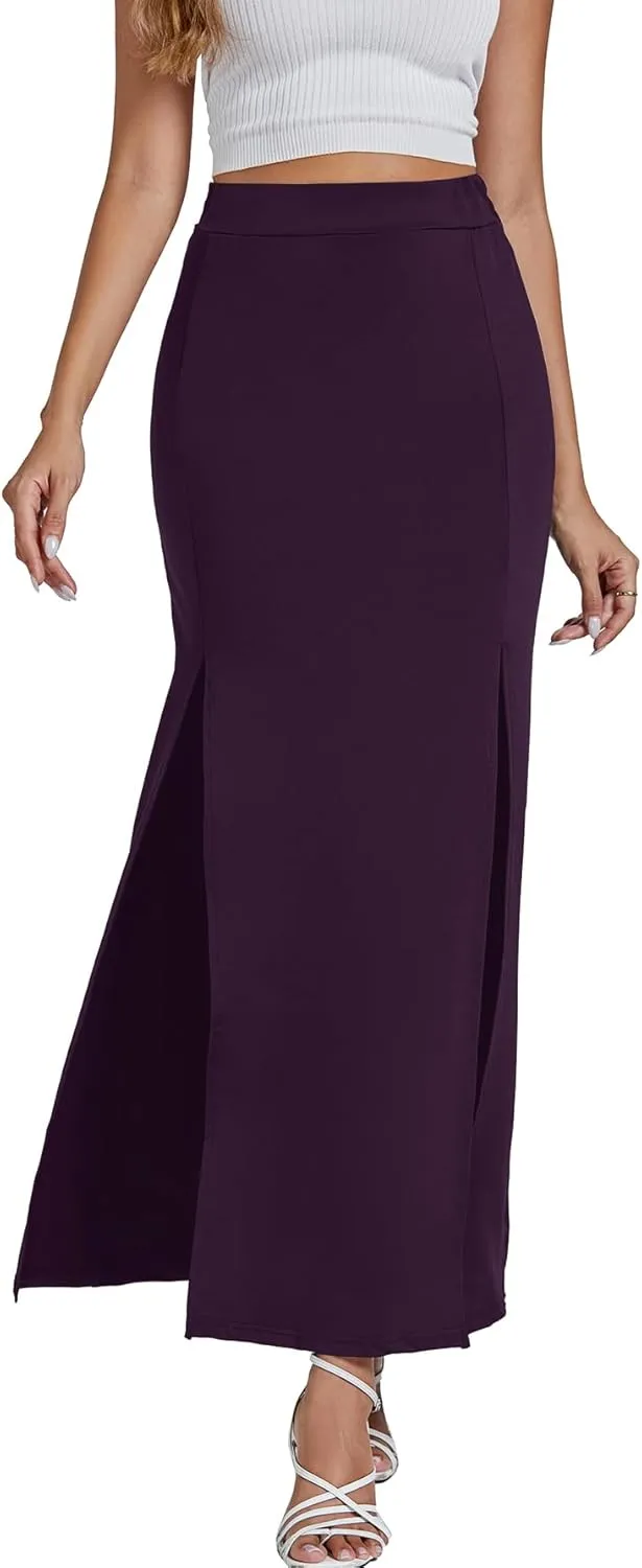 LYANER Women's High Waist Slit Split Solid Bodycon Long Maxi Skirt