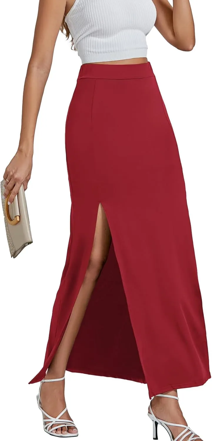 LYANER Women's High Waist Slit Split Solid Bodycon Long Maxi Skirt