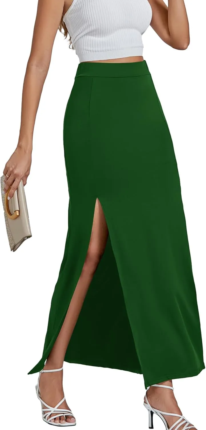 LYANER Women's High Waist Slit Split Solid Bodycon Long Maxi Skirt
