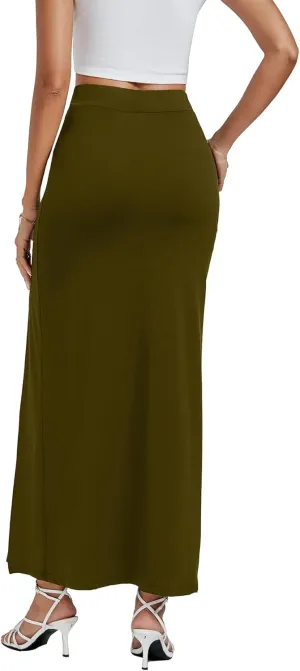LYANER Women's High Waist Slit Split Solid Bodycon Long Maxi Skirt
