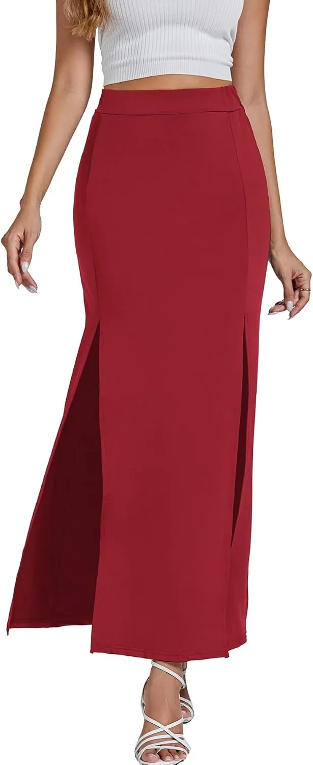 LYANER Women's High Waist Slit Split Solid Bodycon Long Maxi Skirt
