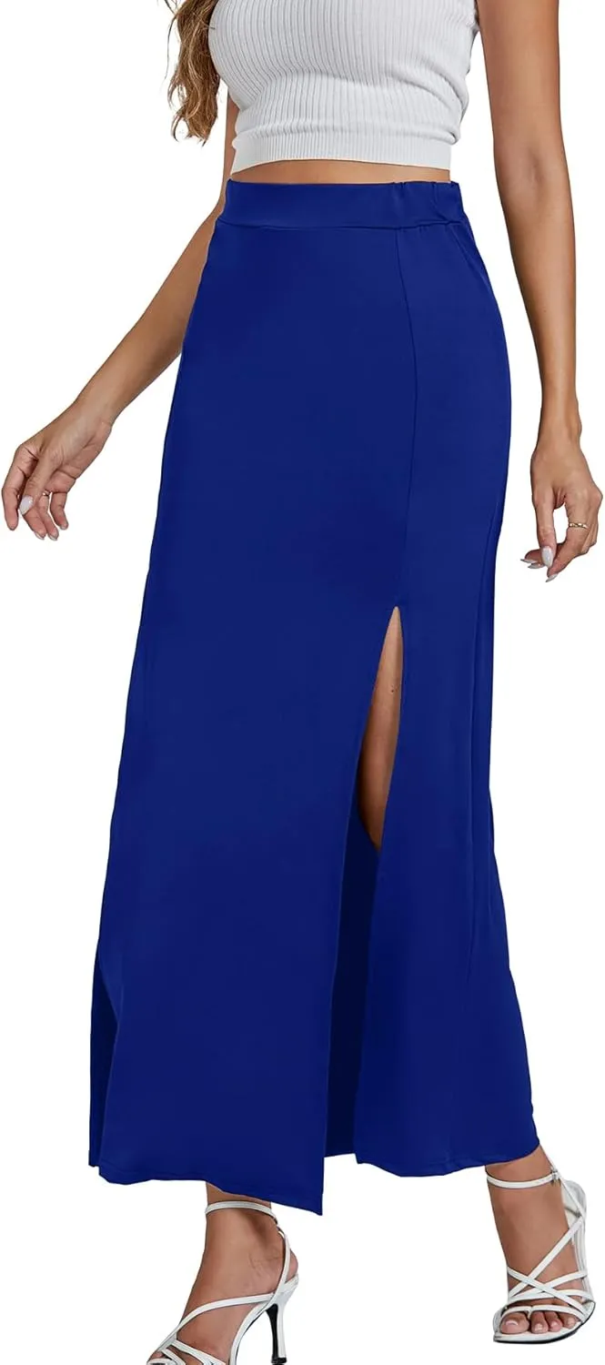 LYANER Women's High Waist Slit Split Solid Bodycon Long Maxi Skirt