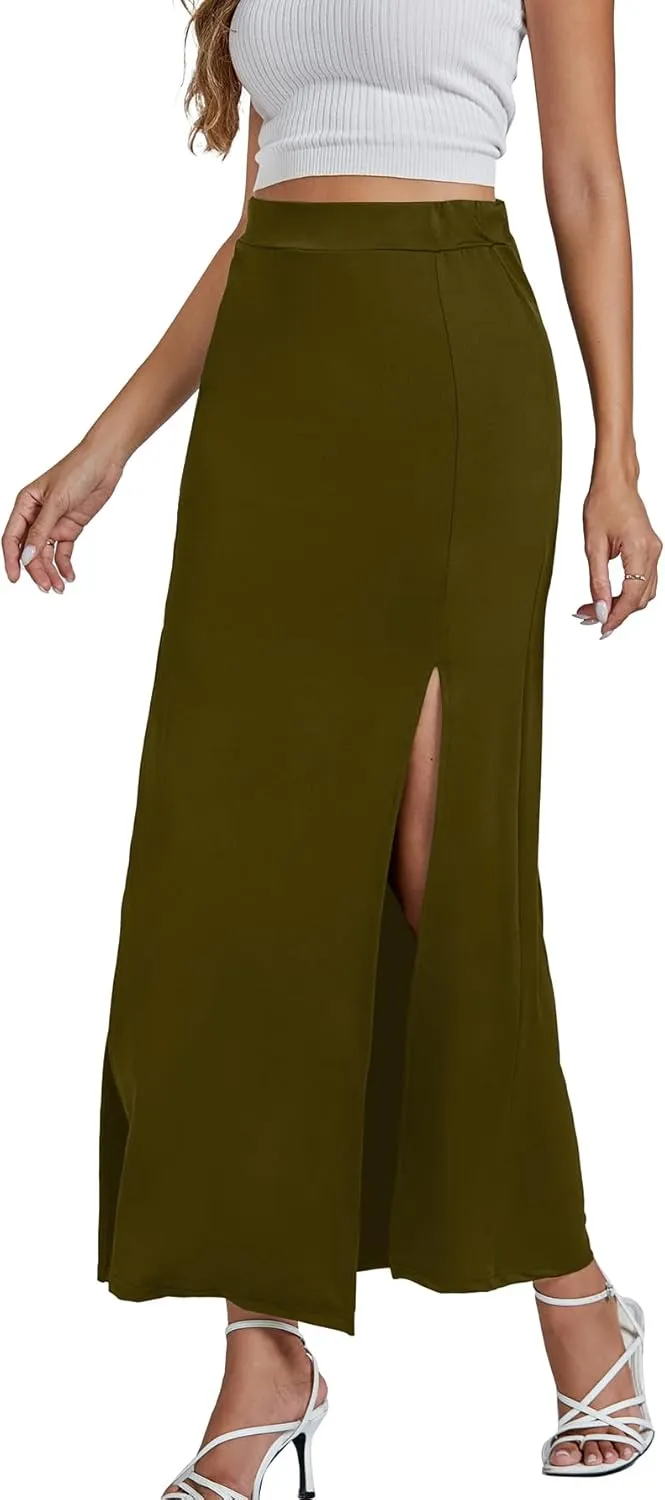 LYANER Women's High Waist Slit Split Solid Bodycon Long Maxi Skirt