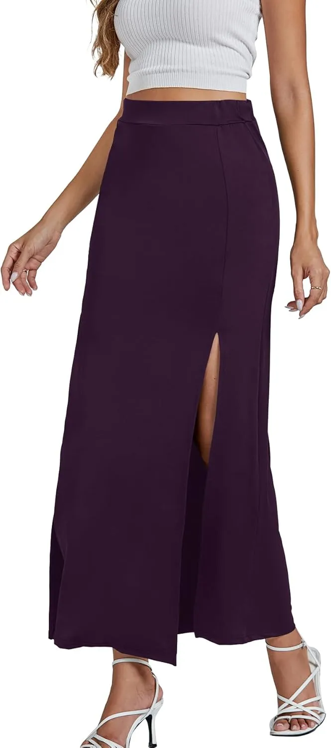 LYANER Women's High Waist Slit Split Solid Bodycon Long Maxi Skirt