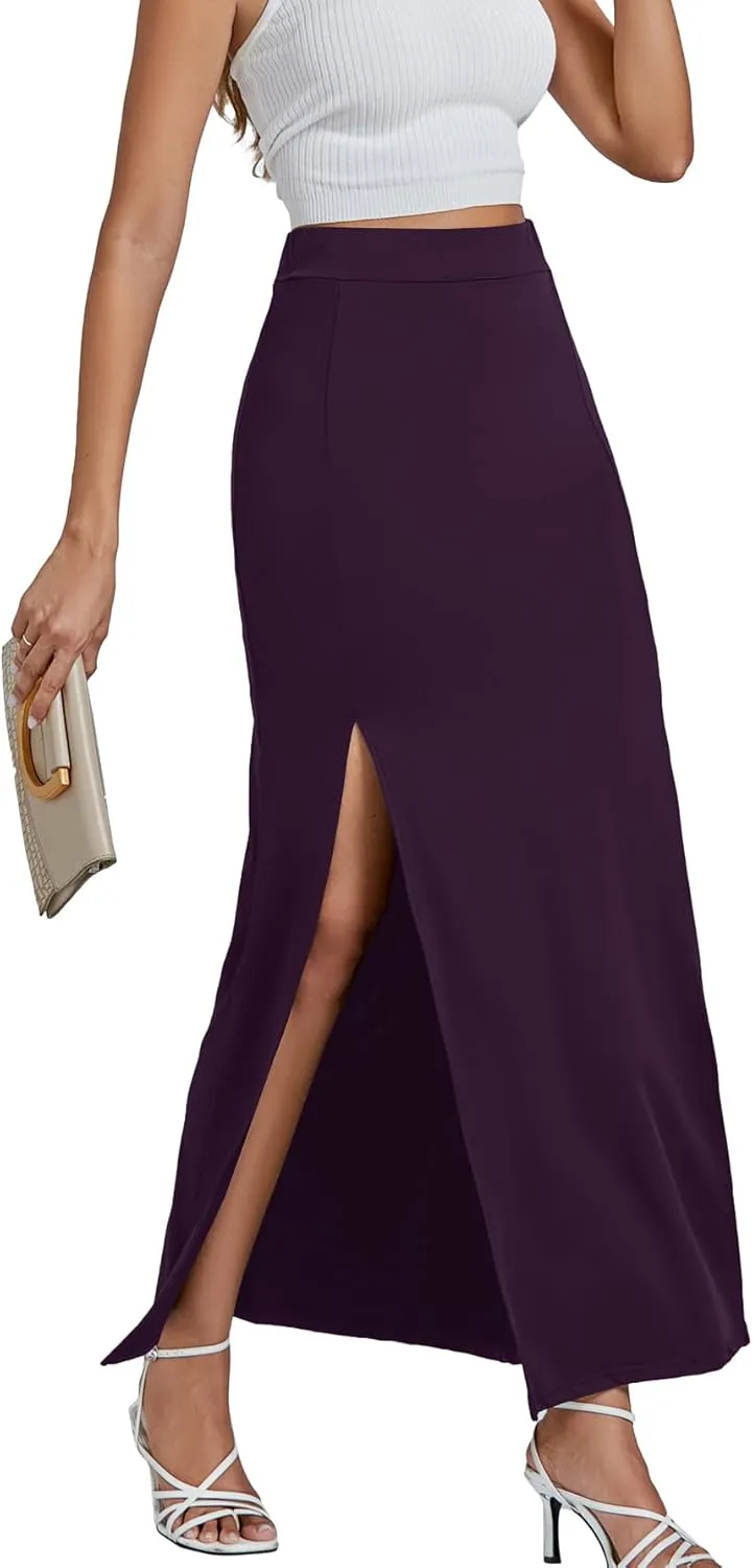 LYANER Women's High Waist Slit Split Solid Bodycon Long Maxi Skirt