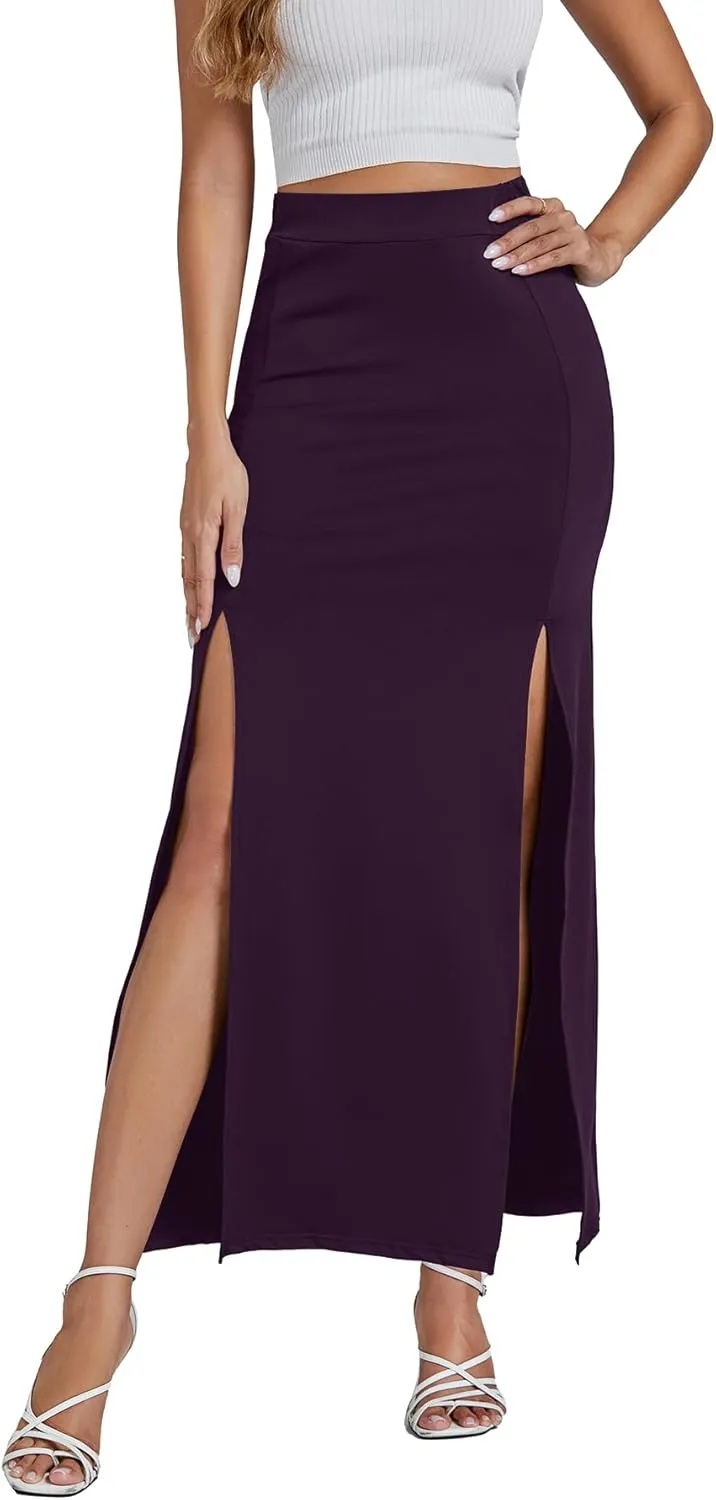 LYANER Women's High Waist Slit Split Solid Bodycon Long Maxi Skirt