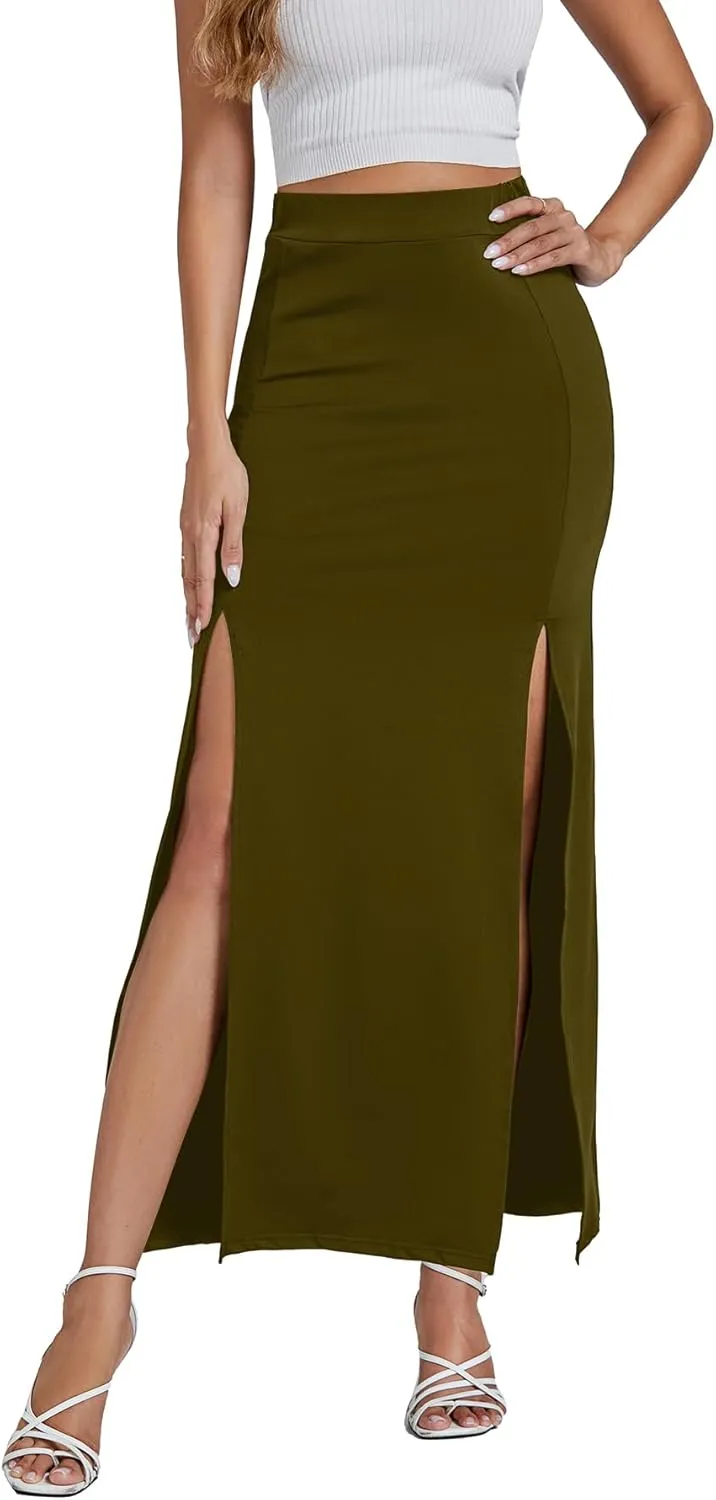 LYANER Women's High Waist Slit Split Solid Bodycon Long Maxi Skirt