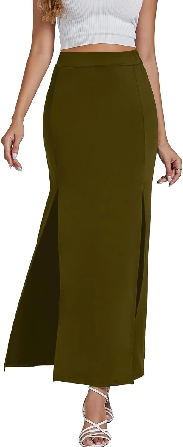 LYANER Women's High Waist Slit Split Solid Bodycon Long Maxi Skirt