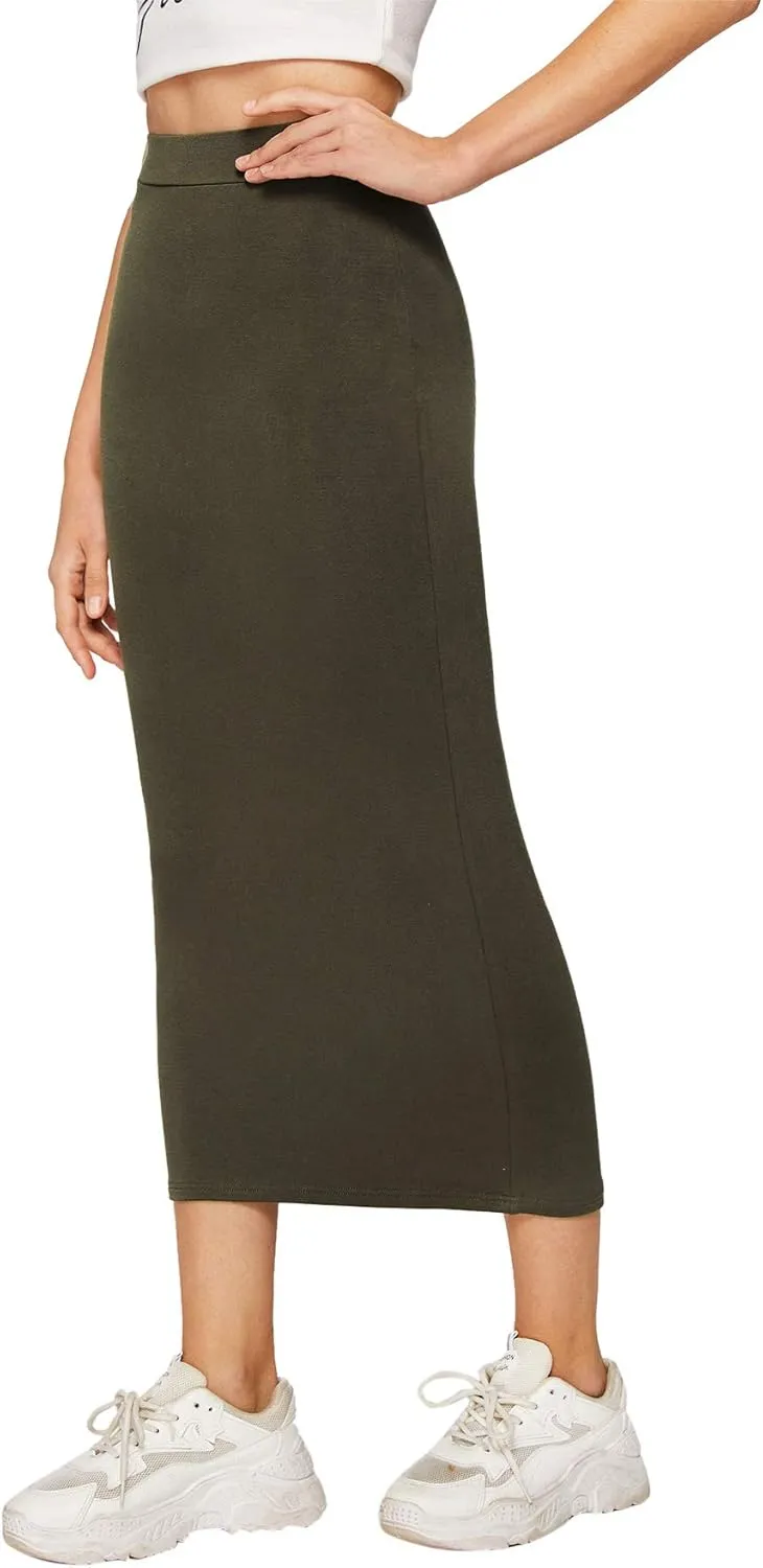 MakeMeChic Women's Solid Basic Below Knee Stretchy Pencil Skirt