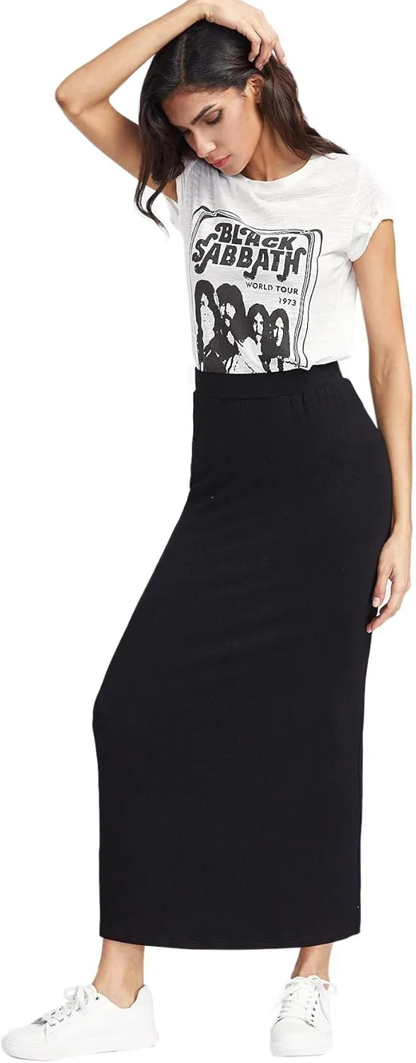 MakeMeChic Women's Solid Basic Below Knee Stretchy Pencil Skirt