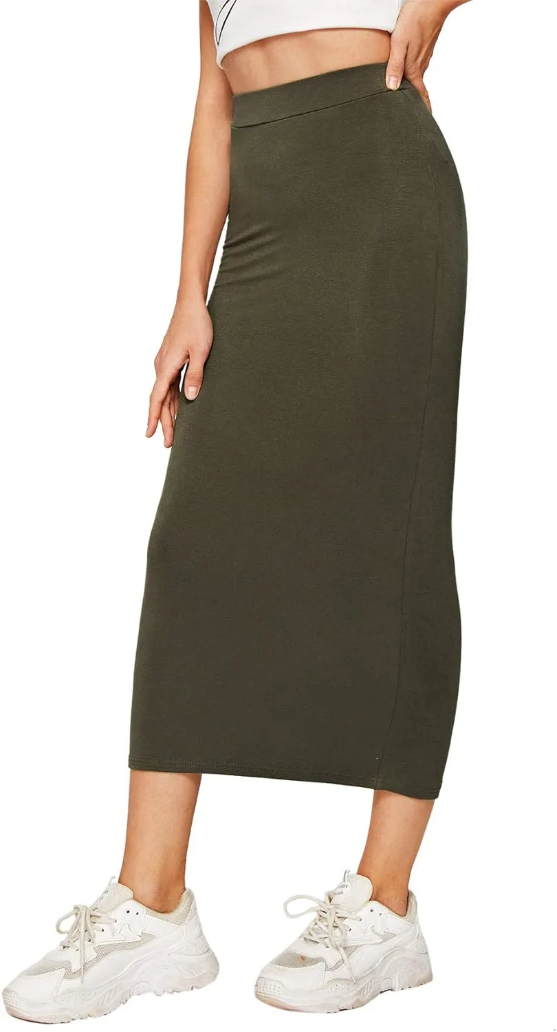 MakeMeChic Women's Solid Basic Below Knee Stretchy Pencil Skirt