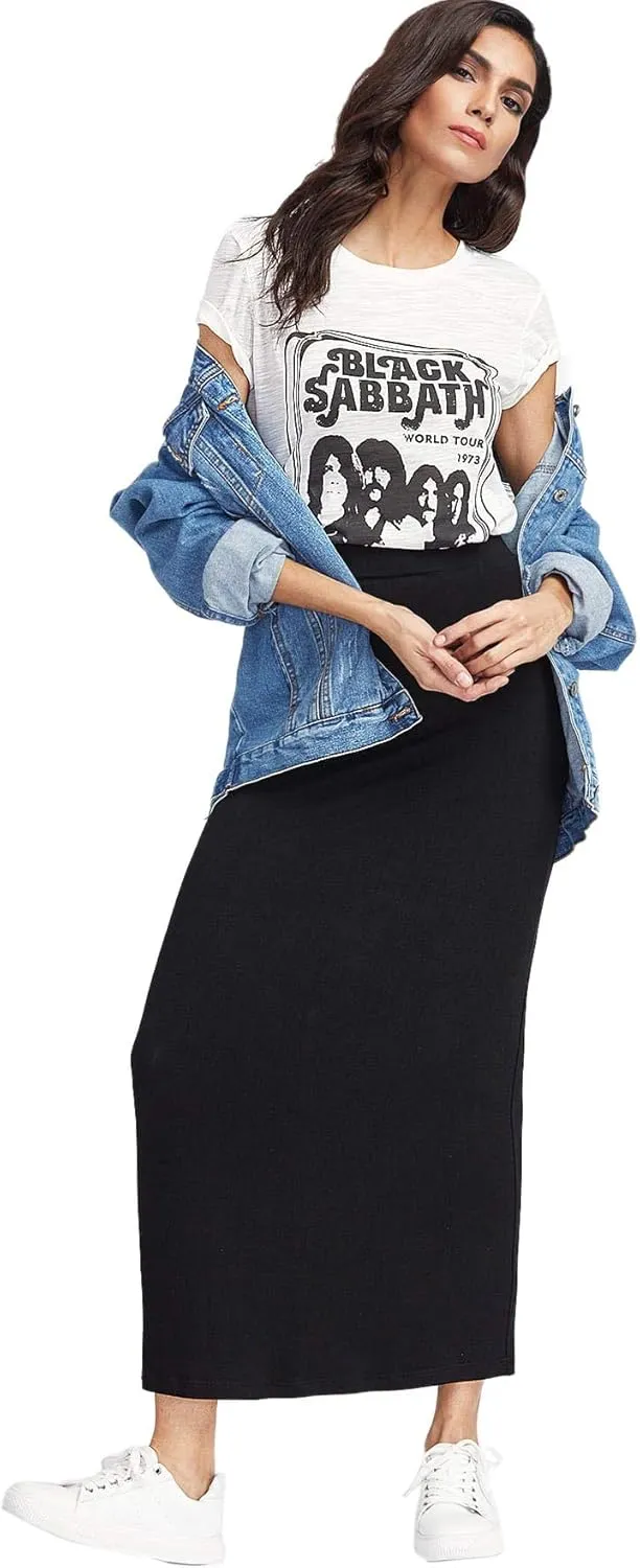 MakeMeChic Women's Solid Basic Below Knee Stretchy Pencil Skirt
