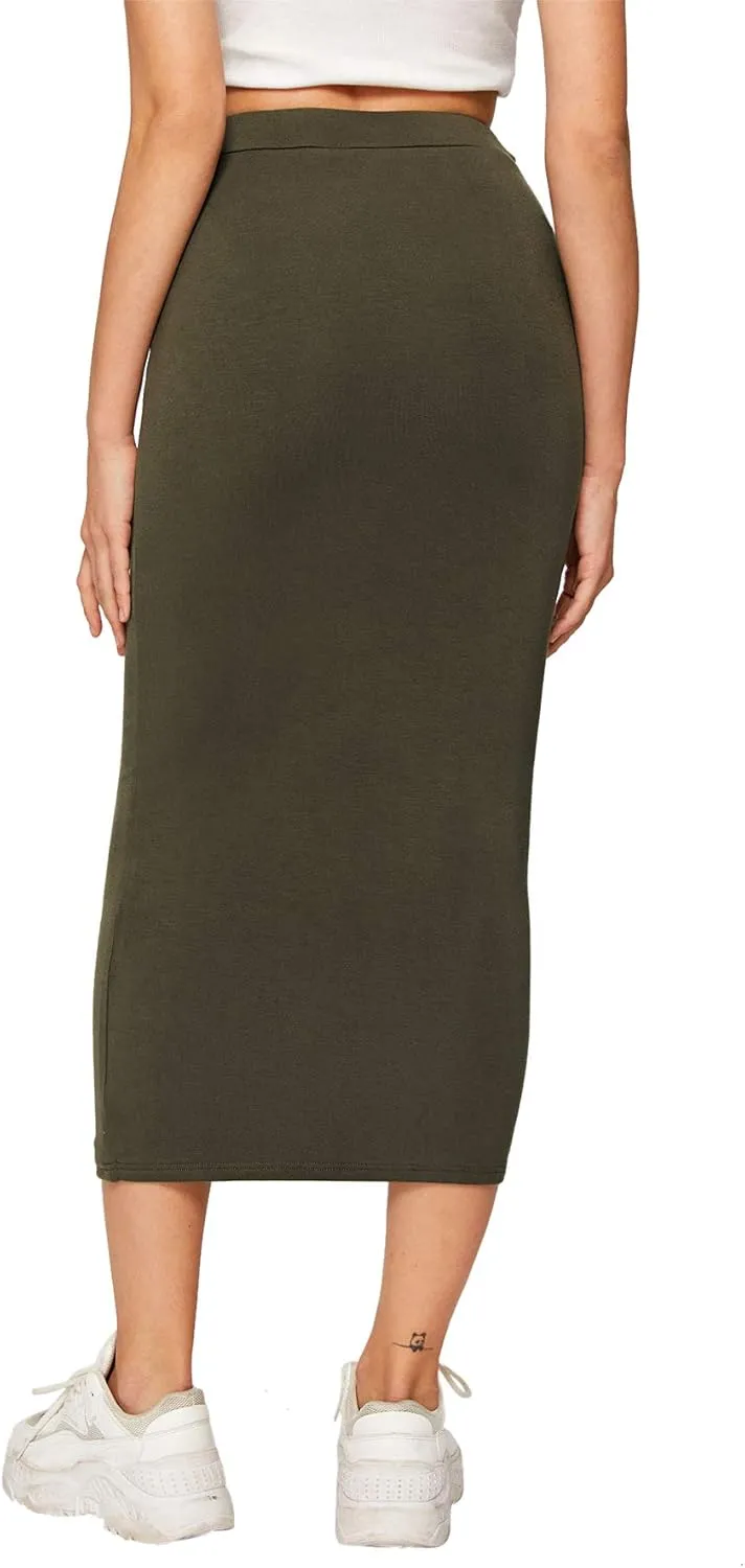 MakeMeChic Women's Solid Basic Below Knee Stretchy Pencil Skirt