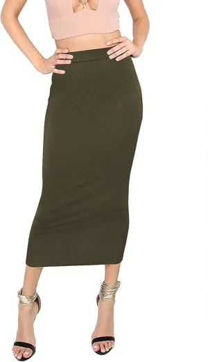 MakeMeChic Women's Solid Basic Below Knee Stretchy Pencil Skirt