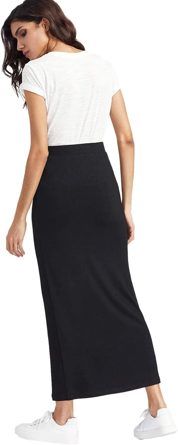 MakeMeChic Women's Solid Basic Below Knee Stretchy Pencil Skirt
