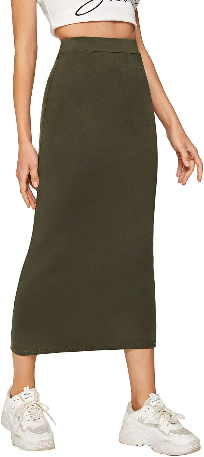 MakeMeChic Women's Solid Basic Below Knee Stretchy Pencil Skirt