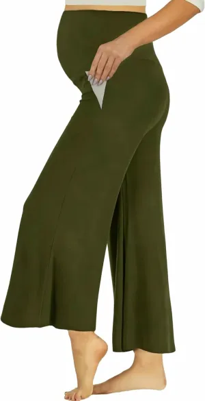 Maternity Wide Leg Palazzo Pants with Pockets - 28" Loose Maternity Flowy Pants for Pregnant Women, Work & Lounge