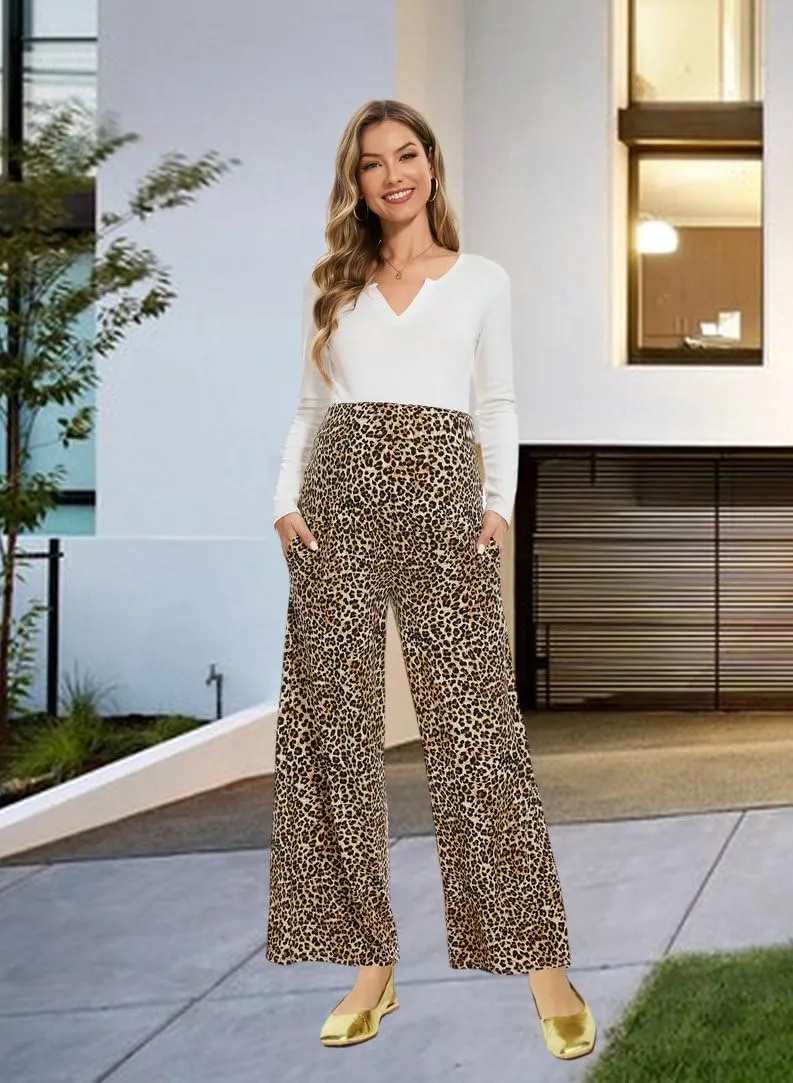 Maternity Wide Leg Palazzo Pants with Pockets - 28" Loose Maternity Flowy Pants for Pregnant Women, Work & Lounge