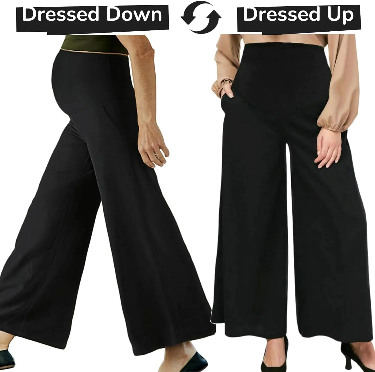 Maternity Wide Leg Palazzo Pants with Pockets - 28" Loose Maternity Flowy Pants for Pregnant Women, Work & Lounge
