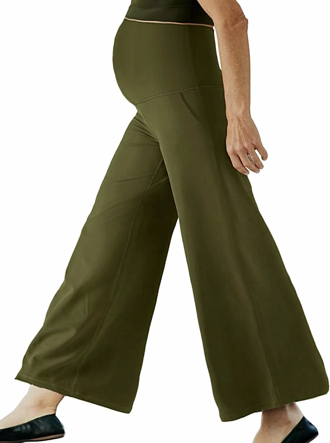 Maternity Wide Leg Palazzo Pants with Pockets - 28" Loose Maternity Flowy Pants for Pregnant Women, Work & Lounge