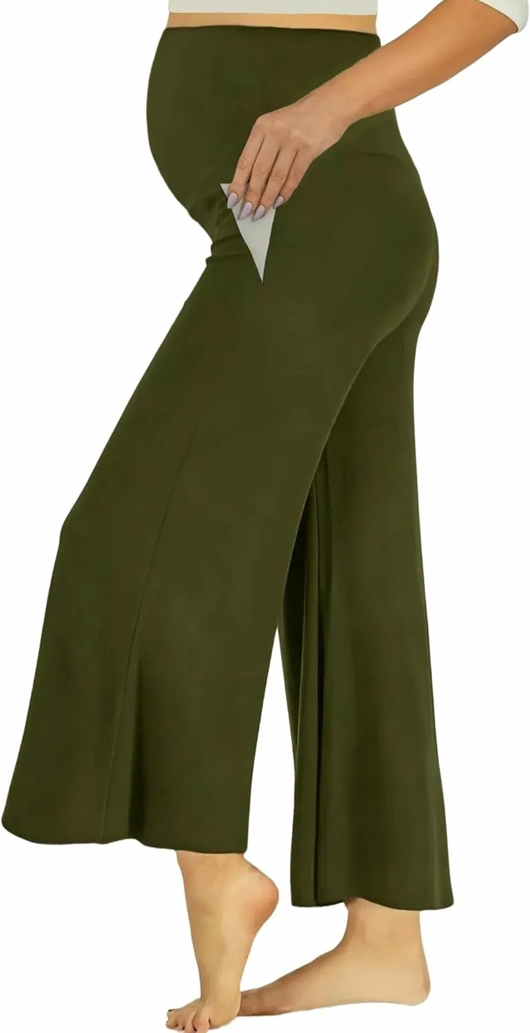 Maternity Wide Leg Palazzo Pants with Pockets - 28" Loose Maternity Flowy Pants for Pregnant Women, Work & Lounge