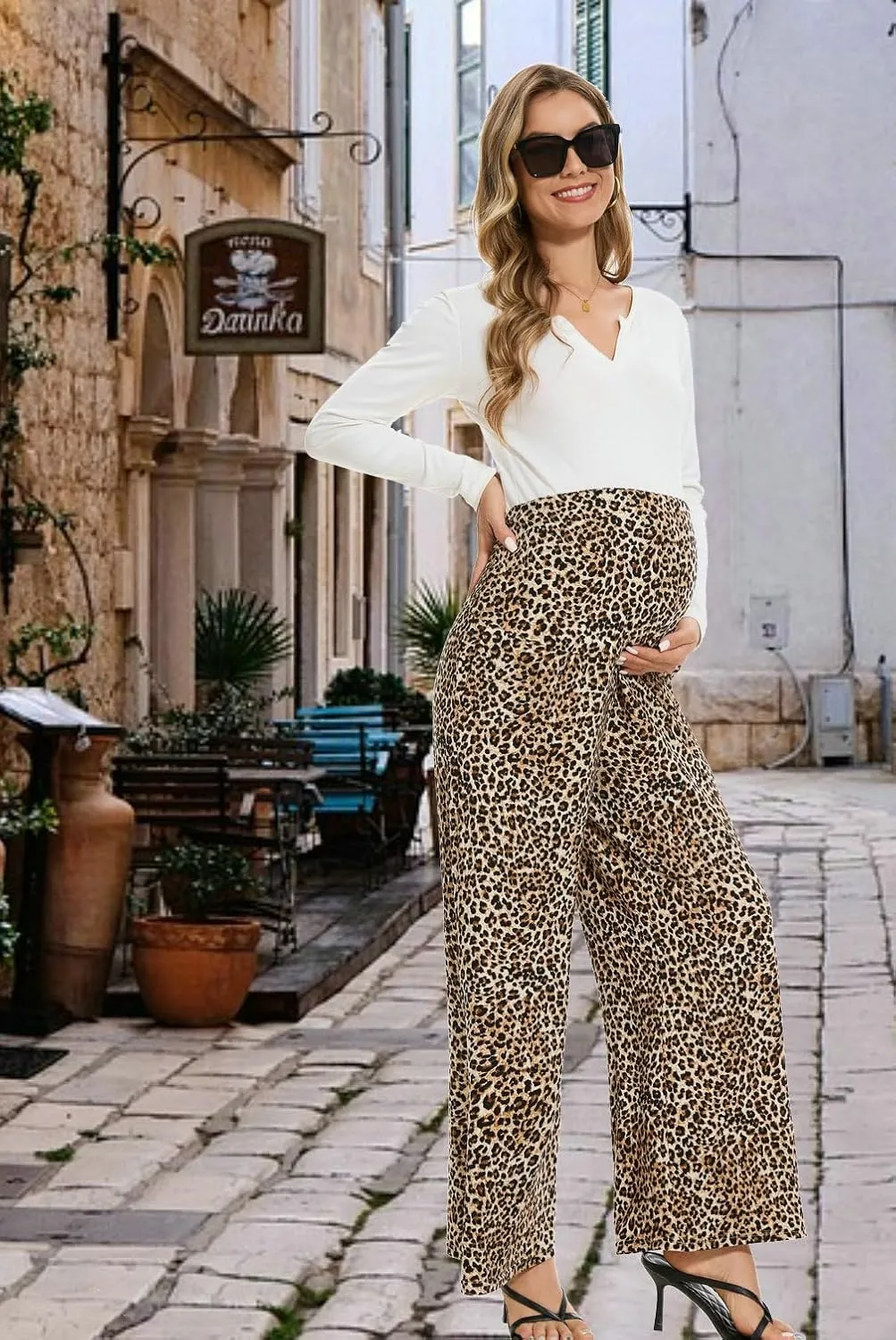Maternity Wide Leg Palazzo Pants with Pockets - 28" Loose Maternity Flowy Pants for Pregnant Women, Work & Lounge
