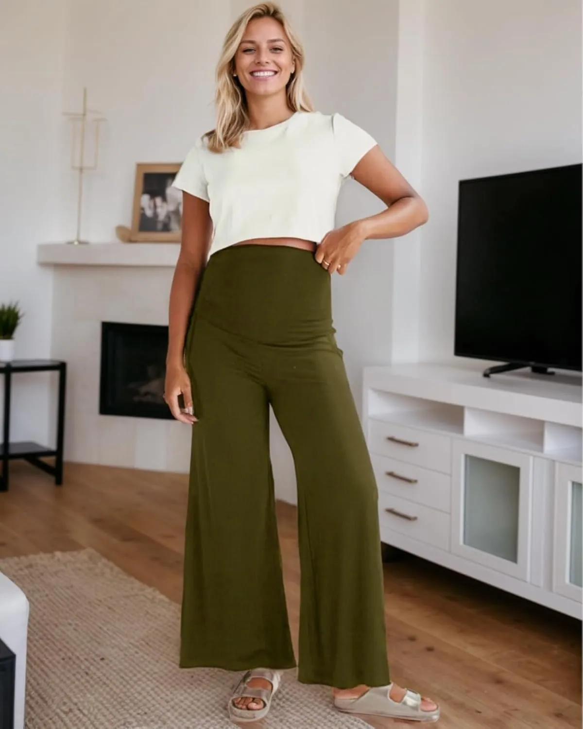 Maternity Wide Leg Palazzo Pants with Pockets - 28" Loose Maternity Flowy Pants for Pregnant Women, Work & Lounge