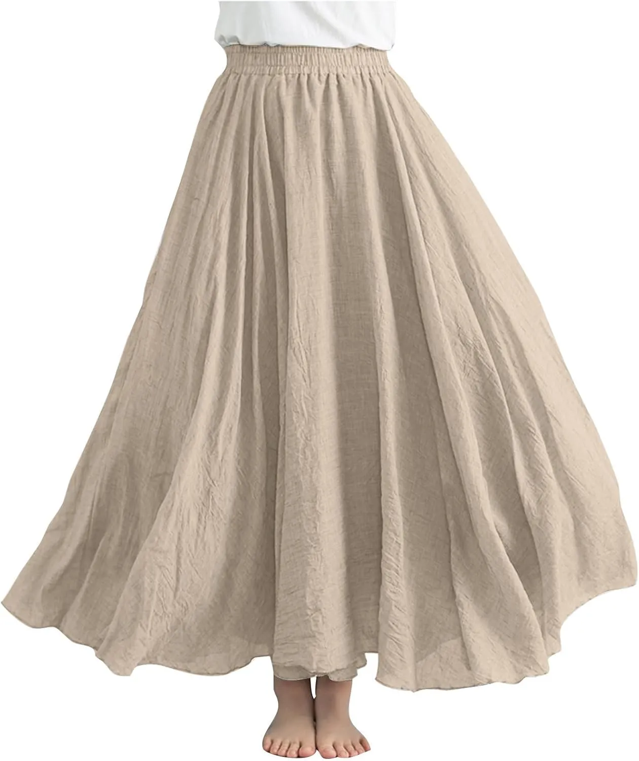 Maxi Skirts for Women 2024 Fashion Solid Ruffle Linen Skirt Summer Stretchy High Waist A-Line Skirt Casual Long Skirt