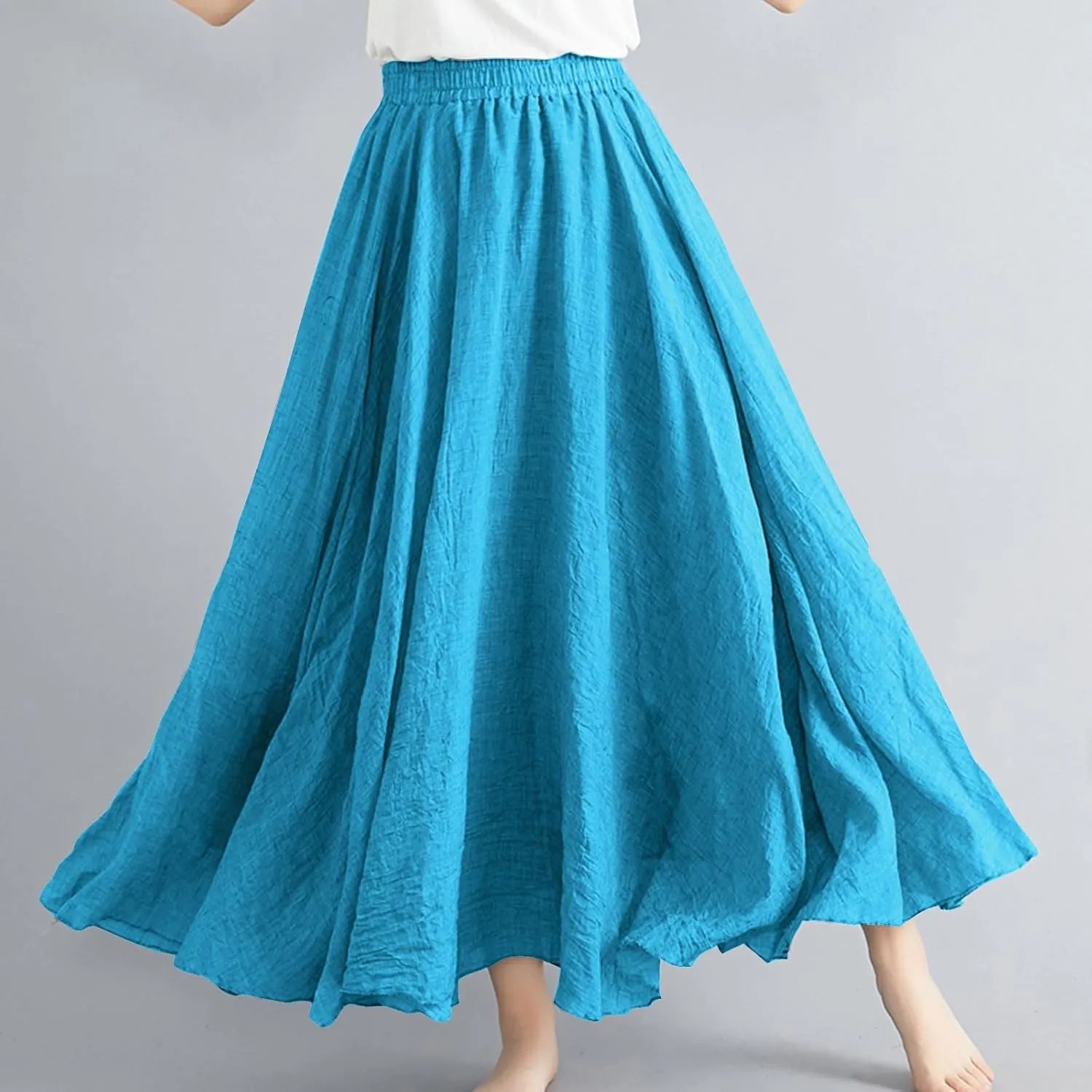 Maxi Skirts for Women 2024 Fashion Solid Ruffle Linen Skirt Summer Stretchy High Waist A-Line Skirt Casual Long Skirt
