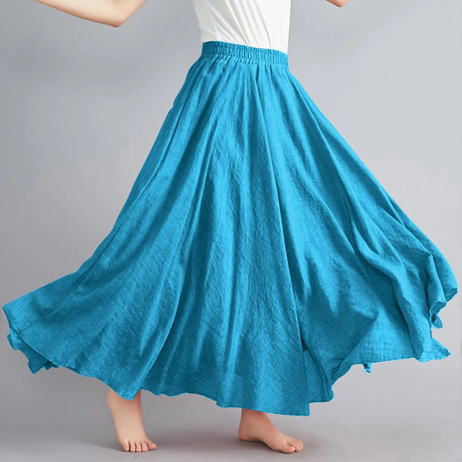 Maxi Skirts for Women 2024 Fashion Solid Ruffle Linen Skirt Summer Stretchy High Waist A-Line Skirt Casual Long Skirt