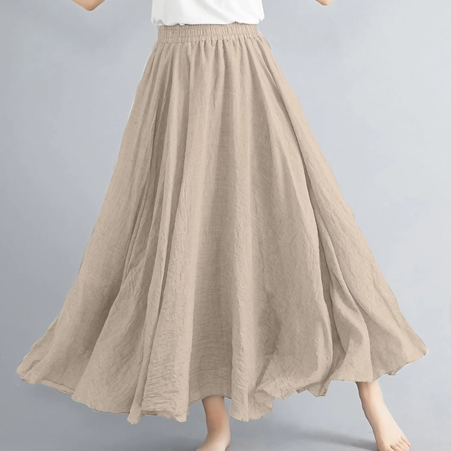 Maxi Skirts for Women 2024 Fashion Solid Ruffle Linen Skirt Summer Stretchy High Waist A-Line Skirt Casual Long Skirt