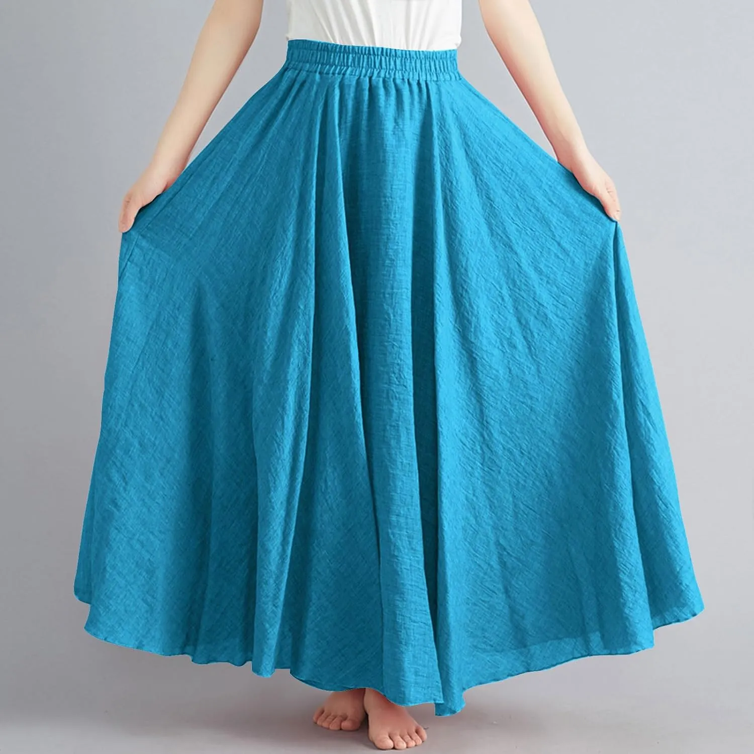 Maxi Skirts for Women 2024 Fashion Solid Ruffle Linen Skirt Summer Stretchy High Waist A-Line Skirt Casual Long Skirt