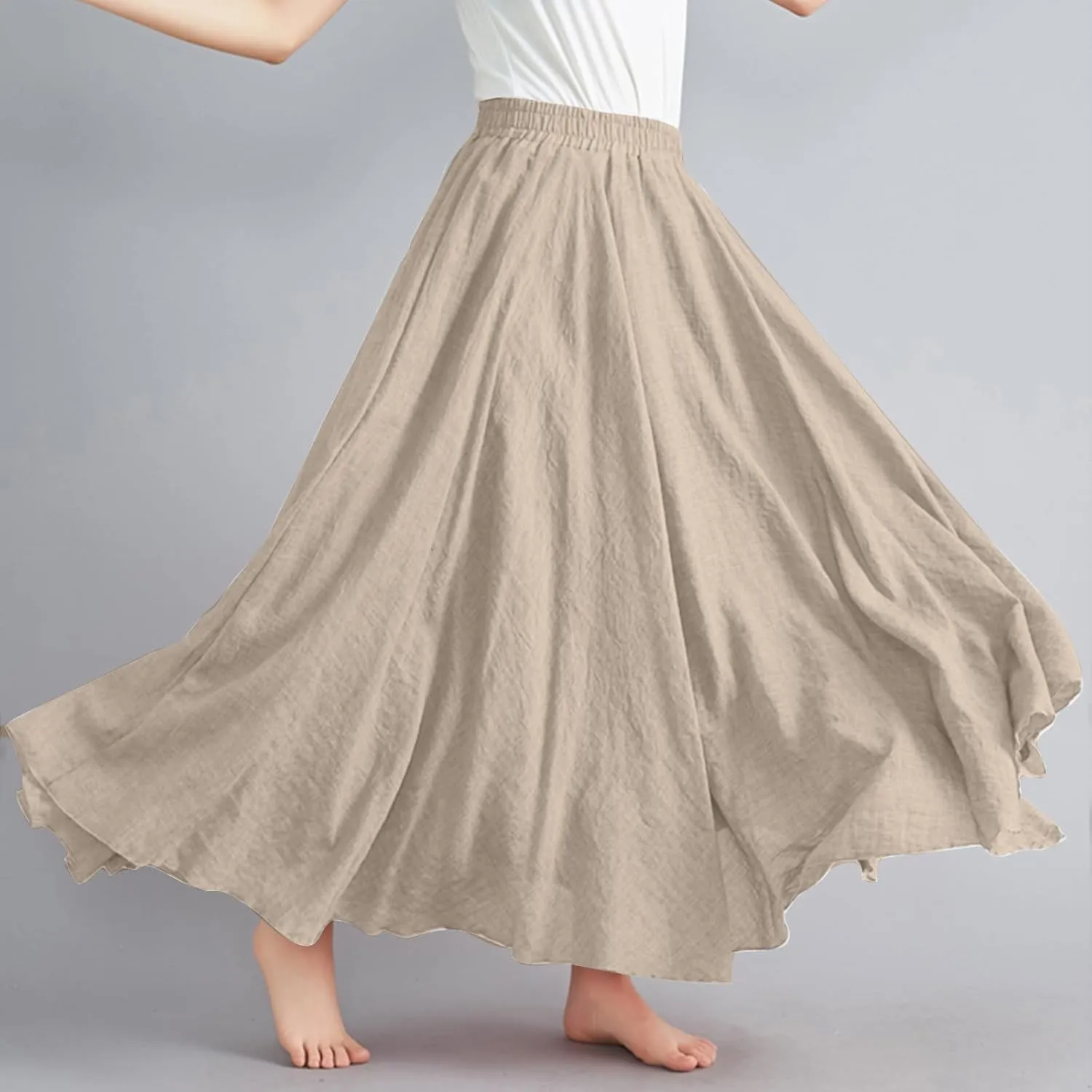 Maxi Skirts for Women 2024 Fashion Solid Ruffle Linen Skirt Summer Stretchy High Waist A-Line Skirt Casual Long Skirt