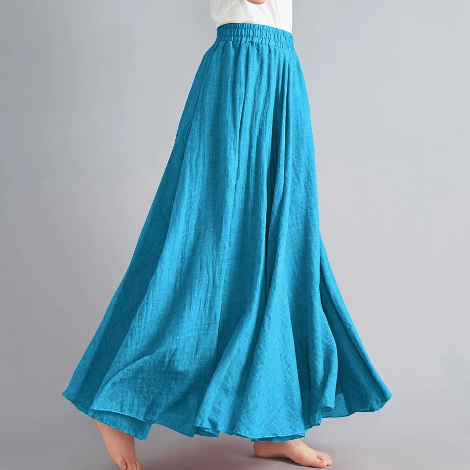 Maxi Skirts for Women 2024 Fashion Solid Ruffle Linen Skirt Summer Stretchy High Waist A-Line Skirt Casual Long Skirt