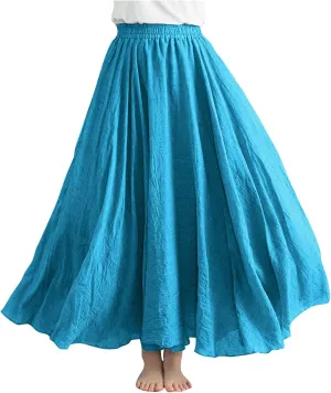 Maxi Skirts for Women 2024 Fashion Solid Ruffle Linen Skirt Summer Stretchy High Waist A-Line Skirt Casual Long Skirt